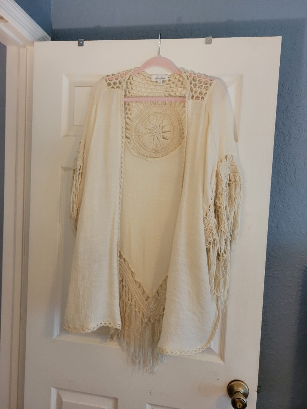 Anneliege Cream Gauzy Kimono  Beach Coverup Size 1X  Open Front Fringe Cardigan